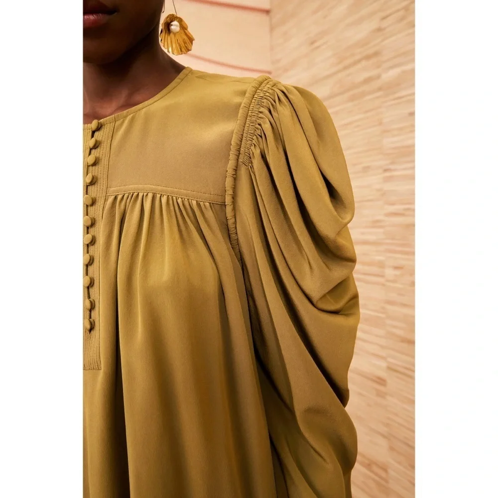 Ulla Johnson Silk Long-Sleeve Green Button-Front Lela Blouse